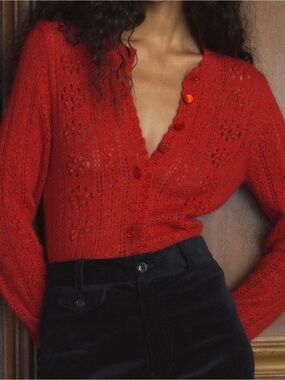 NWT Doen Colette Alpaca Wool Pointelle Button Knit Cardigan Sweater Cerise Red